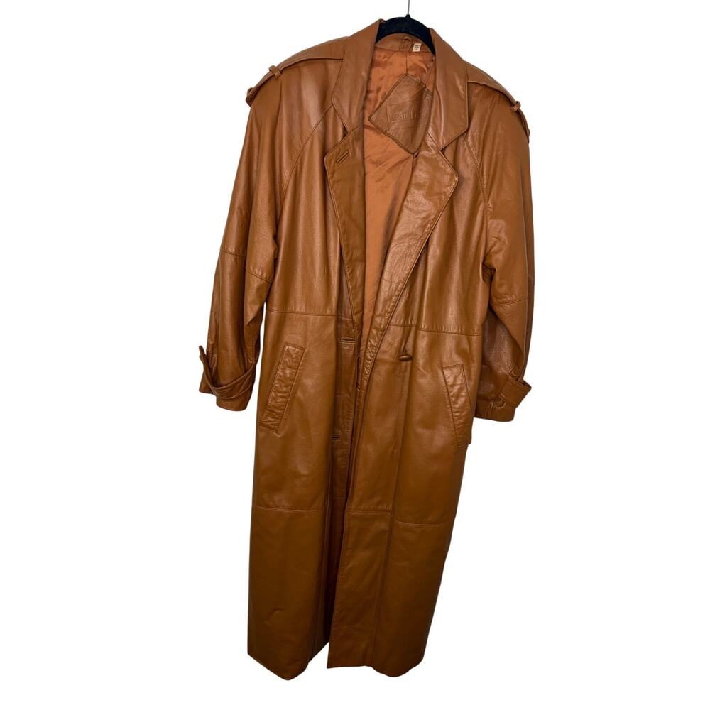 Preston & York Vintage Leather Trench Coat Jacket Size Small Brown